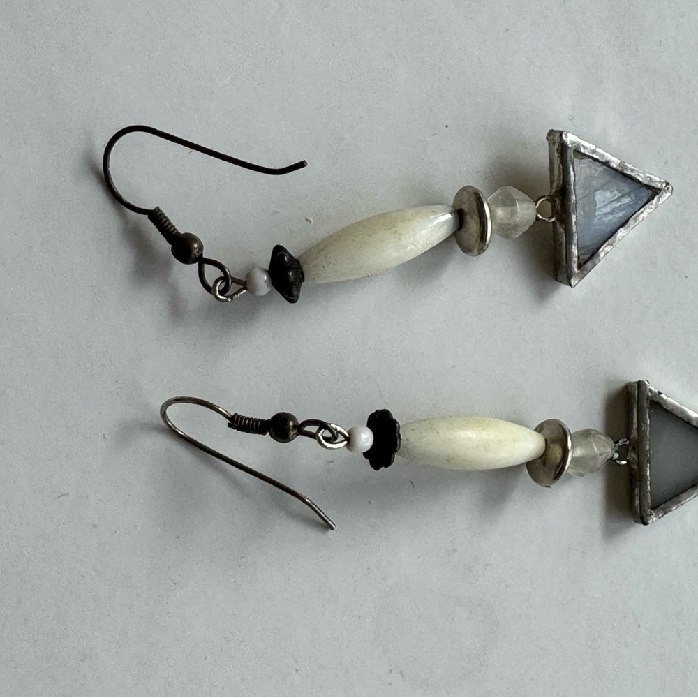 Silver and Cream Triangle Dangle Earrings - Picture 3 of 6